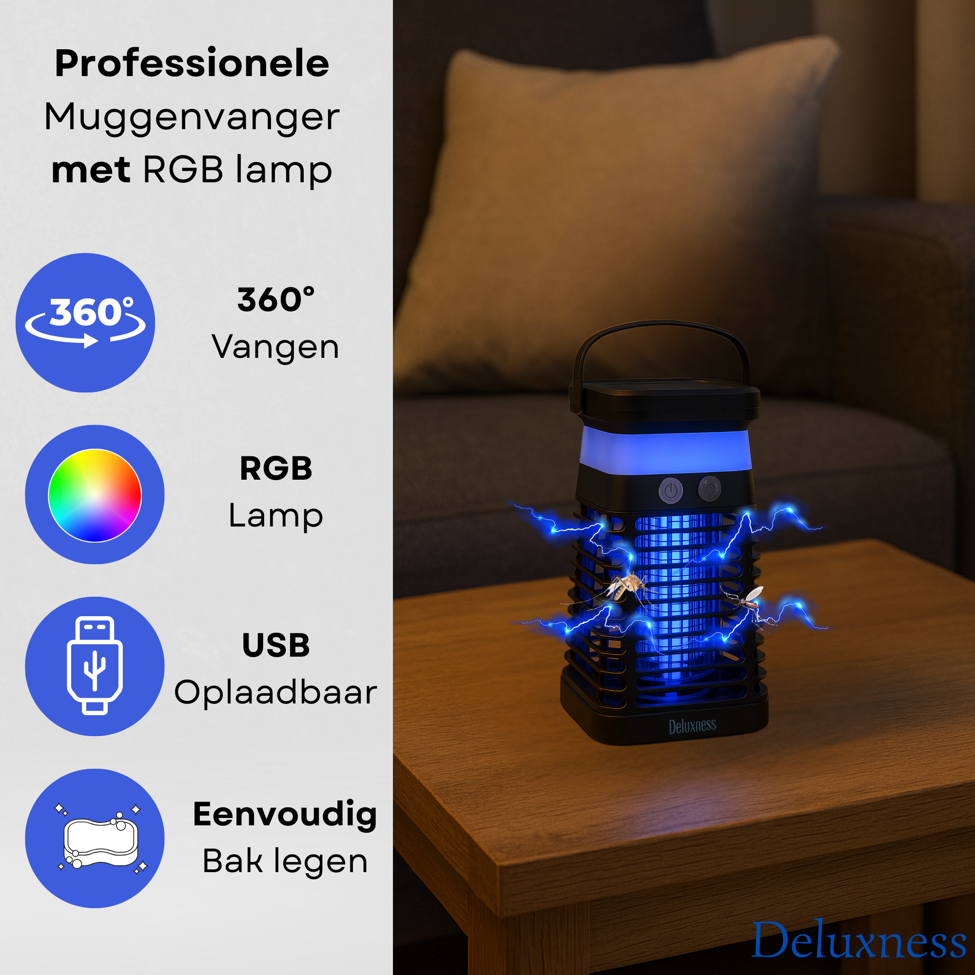 Deluxness® Muggenvanger - Muggenlamp- Elektrische - Vliegenvanger - Vliegenlamp - Insectenlamp - UV stand & Nachtlamp RGB - Ophangbaar - Oplaadbaar & Zonne-energie - Waterdicht - Incl. opvangbak & schoonmaakborstel - Afbeelding 2
