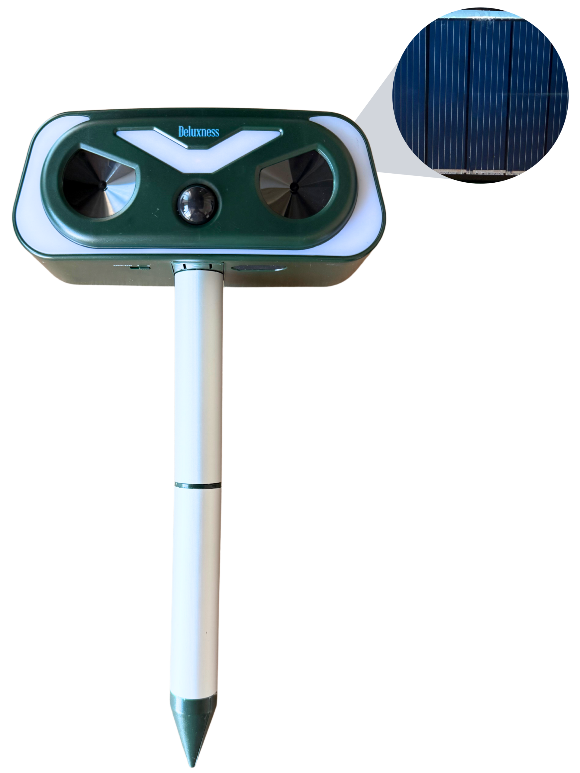 Deluxness® Kattenverjager - op Zonneenergie - Marterverjager - Dierenverjager - Kattenschrik - Ultrasone Kattenverjager - voor de Tuin - met Adapter – Diervriendelijk & Weerbestendig – Tot 10m Bereik – Buiten Gebruik