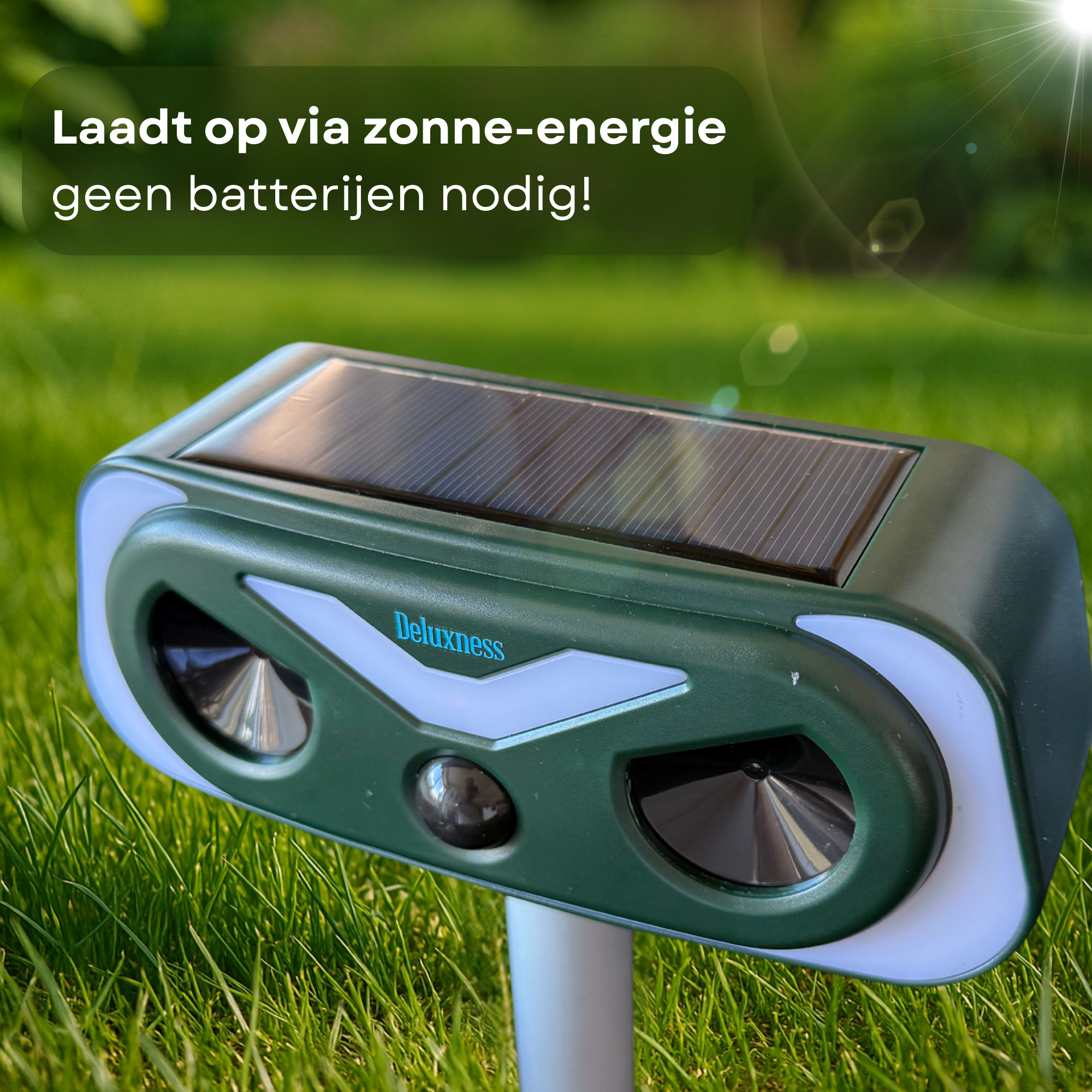 Deluxness® Kattenverjager - op Zonneenergie - Marterverjager - Dierenverjager - Kattenschrik - Ultrasone Kattenverjager - voor de Tuin - met Adapter – Diervriendelijk & Weerbestendig – Tot 10m Bereik – Buiten Gebruik - Afbeelding 2