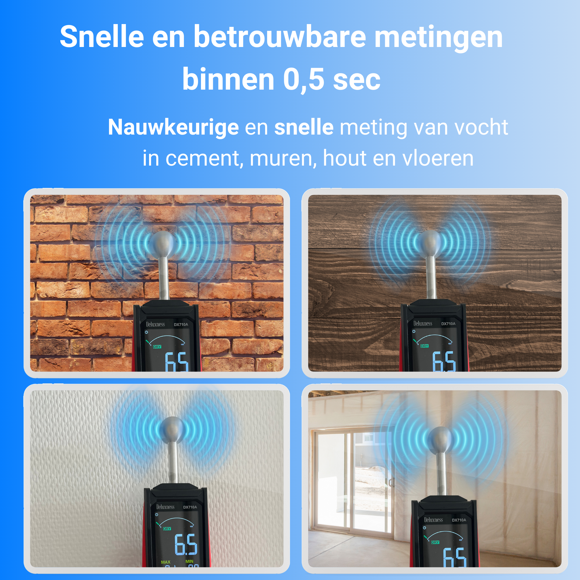 Deluxness® - Vochtmeter Muren - DX710A - Professionele Vochtmeter - Vochtmeter Hout - Hygrometer - Pleisterwerken - Uitgebreide Instellingen - Inclusief Opbergcase en Batterijen - Afbeelding 2