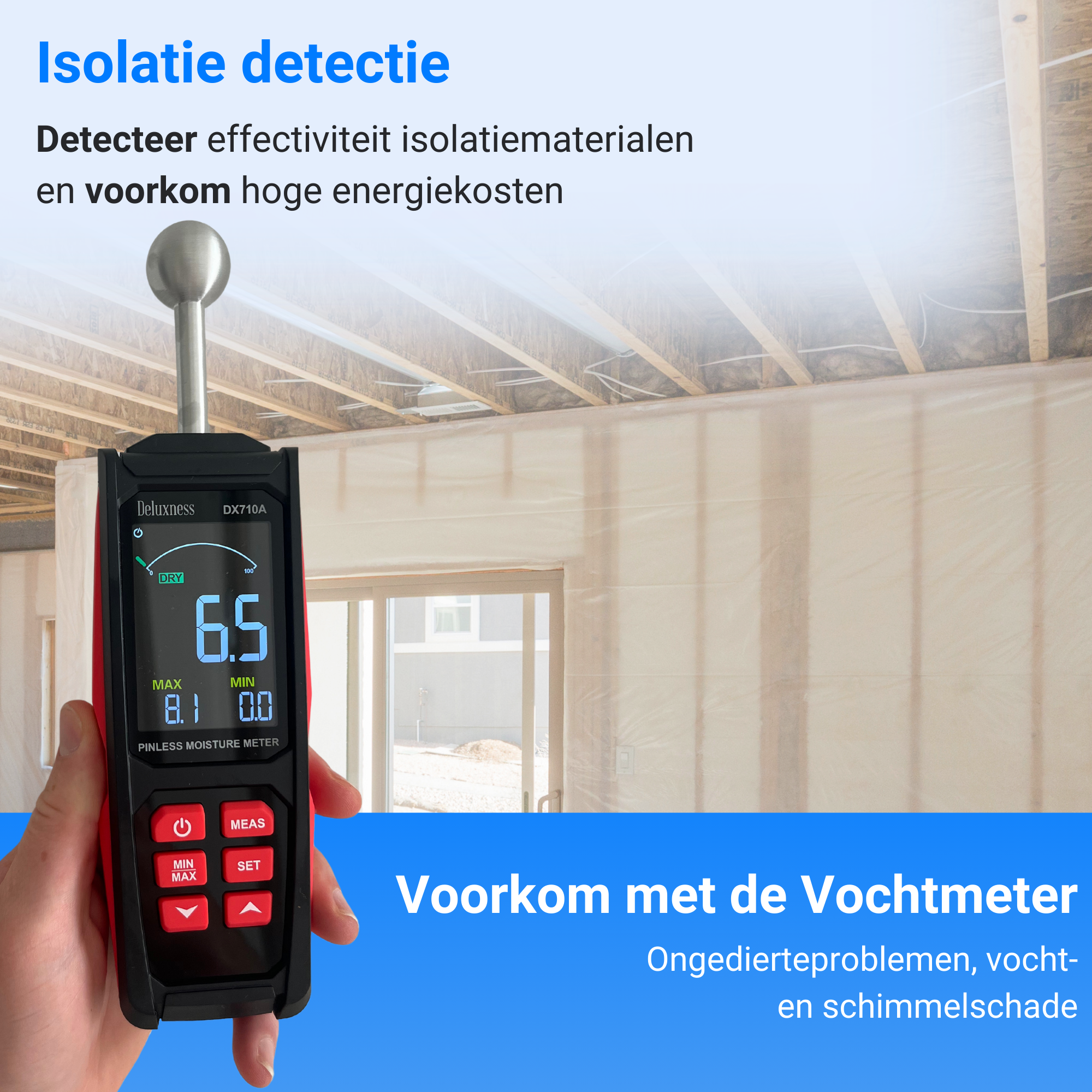 Deluxness® - Vochtmeter Muren - DX710A - Professionele Vochtmeter - Vochtmeter Hout - Hygrometer - Pleisterwerken - Uitgebreide Instellingen - Inclusief Opbergcase en Batterijen - Afbeelding 3