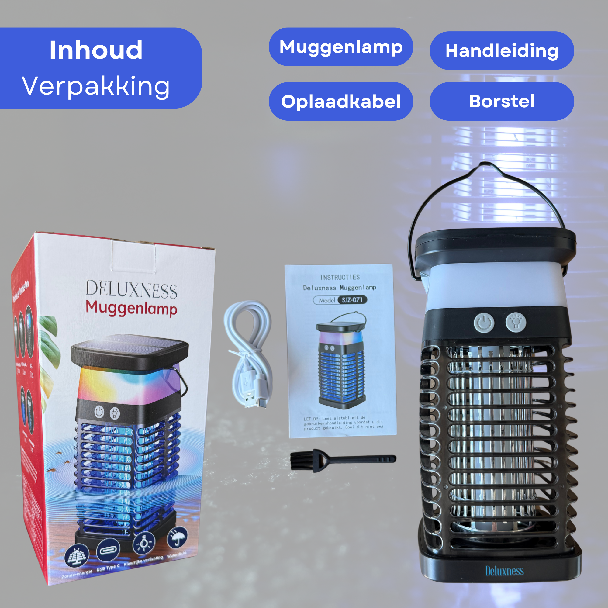 Deluxness® Muggenvanger - Muggenlamp- Elektrische - Vliegenvanger - Vliegenlamp - Insectenlamp - UV stand & Nachtlamp RGB - Ophangbaar - Oplaadbaar & Zonne-energie - Waterdicht - Incl. opvangbak & schoonmaakborstel - Afbeelding 4
