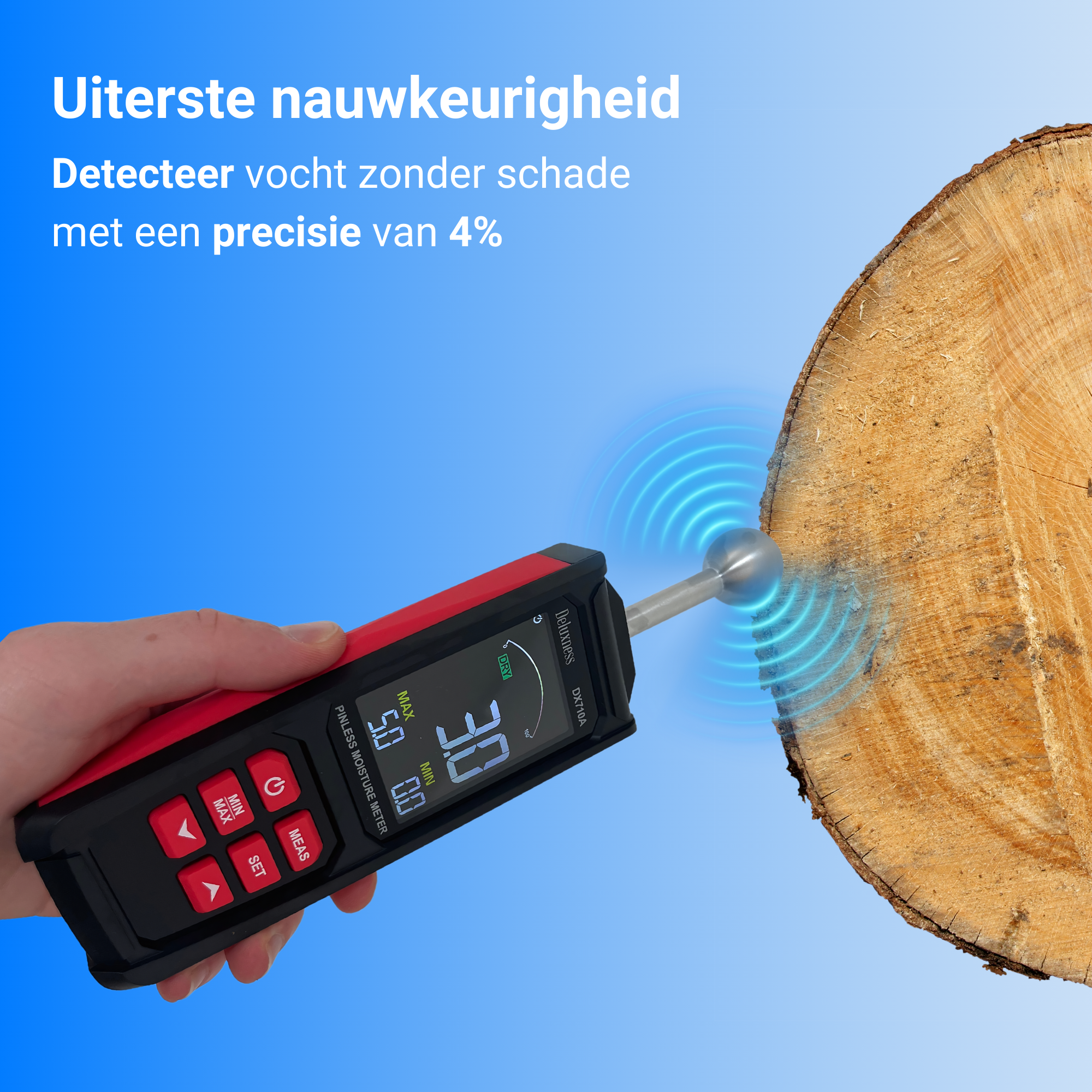 Deluxness® - Vochtmeter Muren - DX710A - Professionele Vochtmeter - Vochtmeter Hout - Hygrometer - Pleisterwerken - Uitgebreide Instellingen - Inclusief Opbergcase en Batterijen - Afbeelding 4