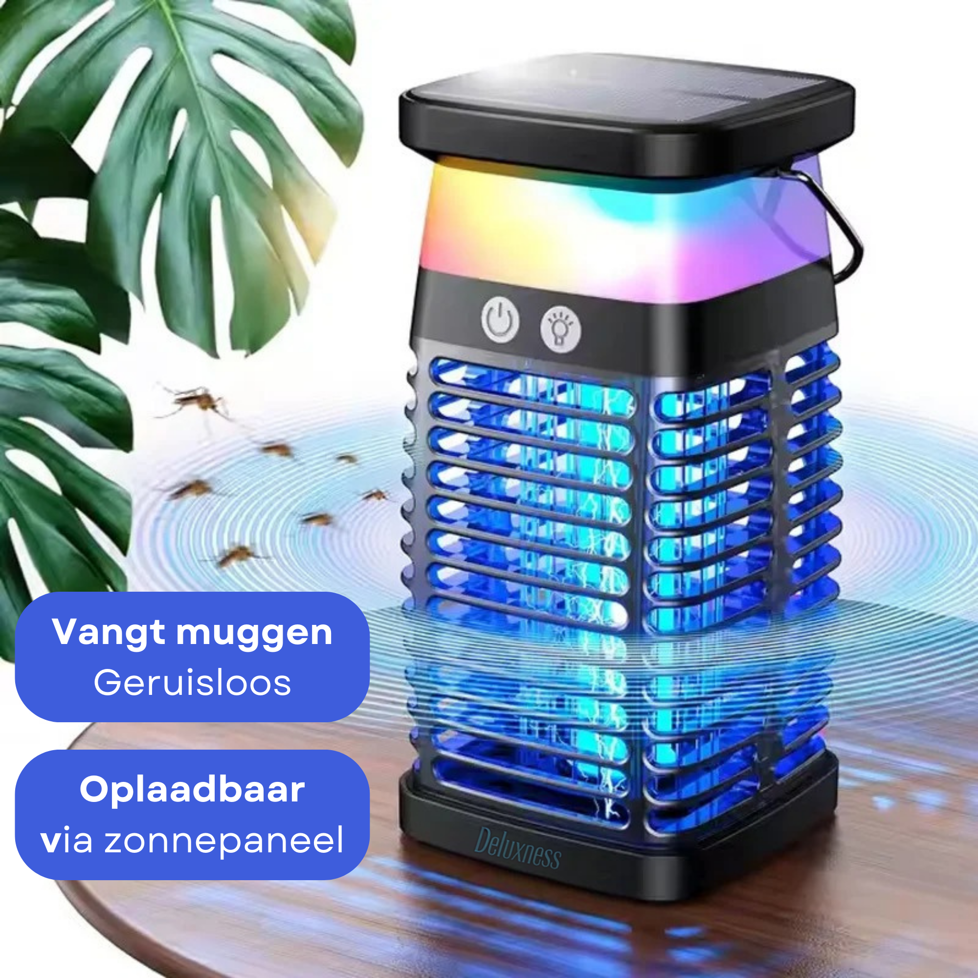 Deluxness® Muggenvanger - Muggenlamp- Elektrische - Vliegenvanger - Vliegenlamp - Insectenlamp - UV stand & Nachtlamp RGB - Ophangbaar - Oplaadbaar & Zonne-energie - Waterdicht - Incl. opvangbak & schoonmaakborstel - Afbeelding 5