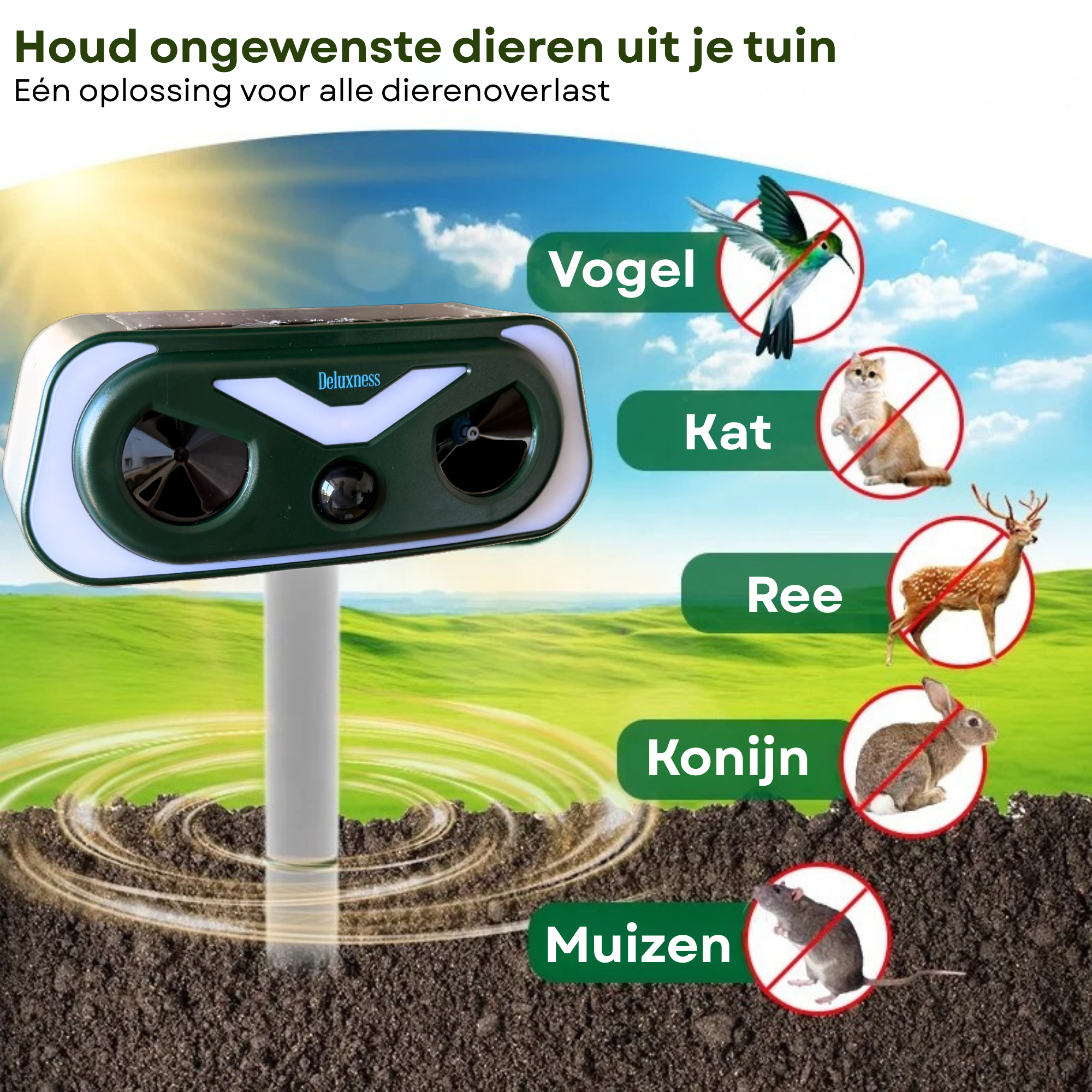 Deluxness® Kattenverjager - op Zonneenergie - Marterverjager - Dierenverjager - Kattenschrik - Ultrasone Kattenverjager - voor de Tuin - met Adapter – Diervriendelijk & Weerbestendig – Tot 10m Bereik – Buiten Gebruik - Afbeelding 5
