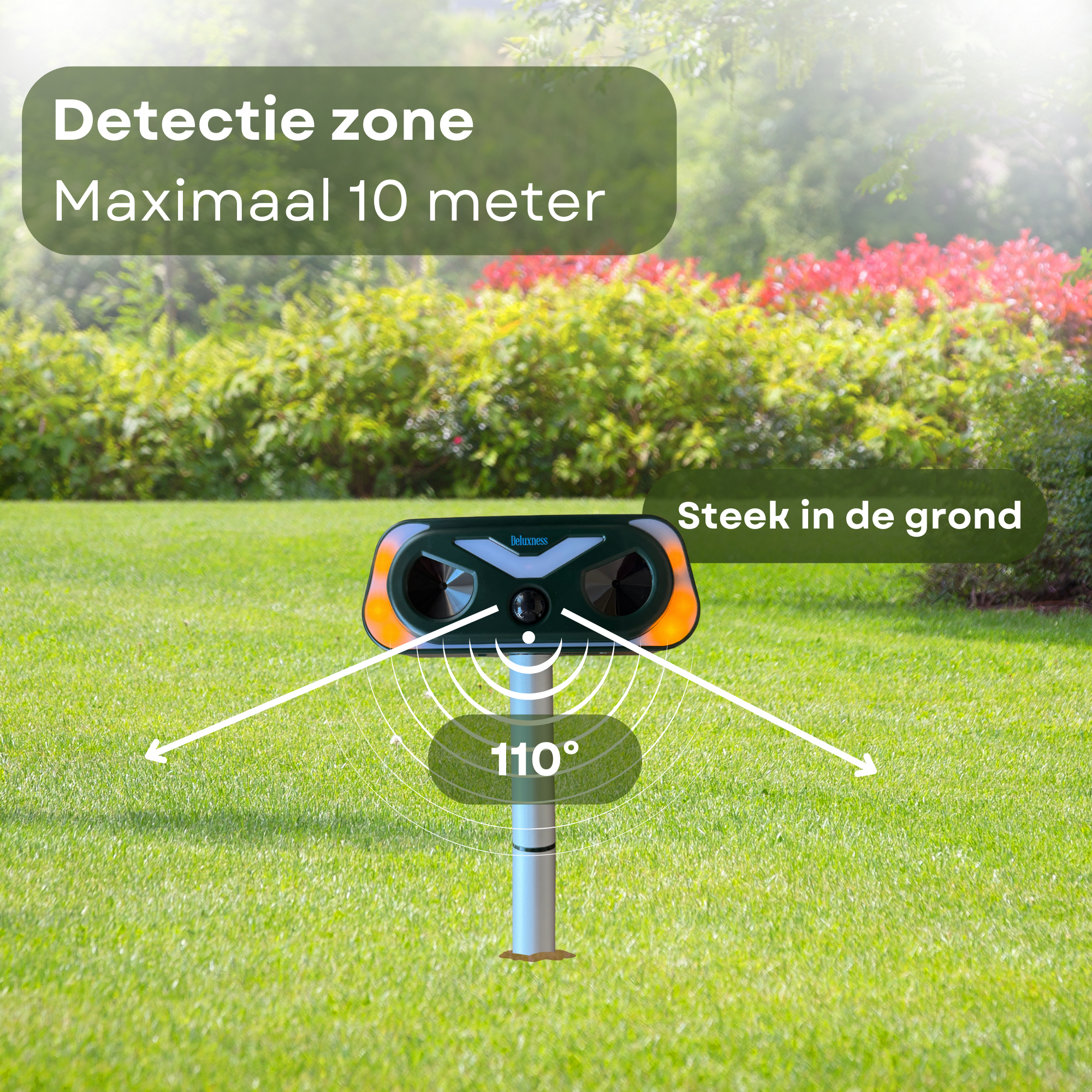Deluxness® Kattenverjager - op Zonneenergie - Marterverjager - Dierenverjager - Kattenschrik - Ultrasone Kattenverjager - voor de Tuin - met Adapter – Diervriendelijk & Weerbestendig – Tot 10m Bereik – Buiten Gebruik - Afbeelding 6