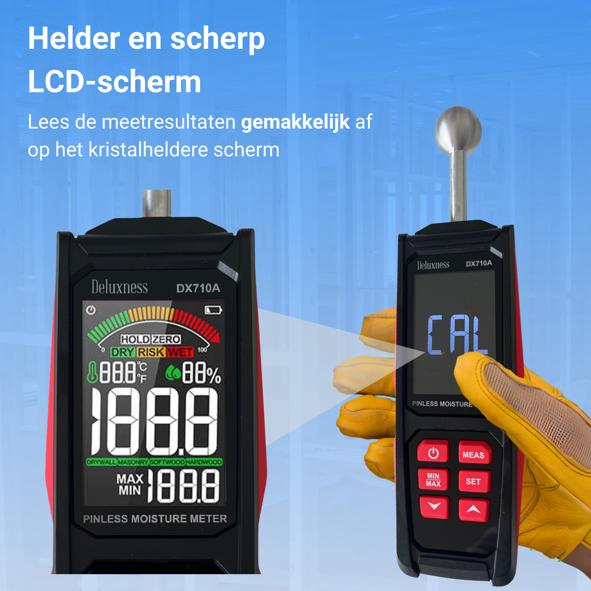Deluxness® - Vochtmeter Muren - DX710A - Professionele Vochtmeter - Vochtmeter Hout - Hygrometer - Pleisterwerken - Uitgebreide Instellingen - Inclusief Opbergcase en Batterijen - Afbeelding 5