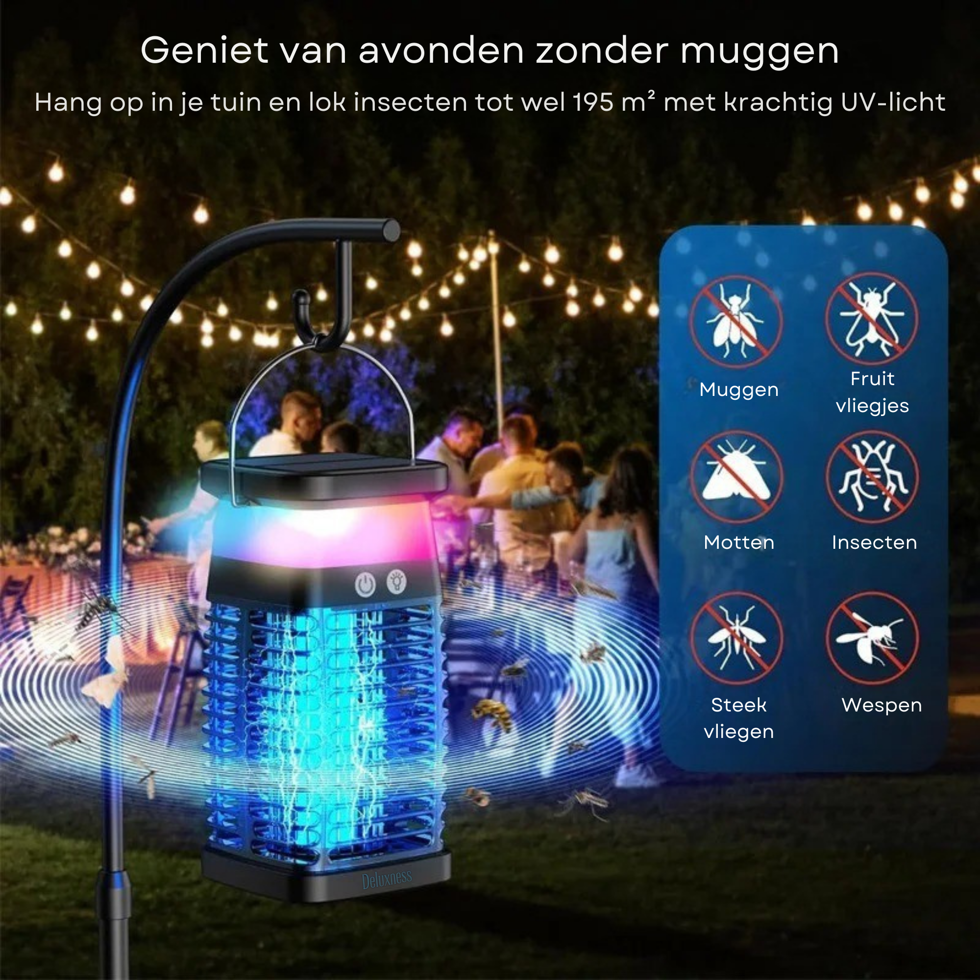 Deluxness® Muggenvanger - Muggenlamp- Elektrische - Vliegenvanger - Vliegenlamp - Insectenlamp - UV stand & Nachtlamp RGB - Ophangbaar - Oplaadbaar & Zonne-energie - Waterdicht - Incl. opvangbak & schoonmaakborstel - Afbeelding 6