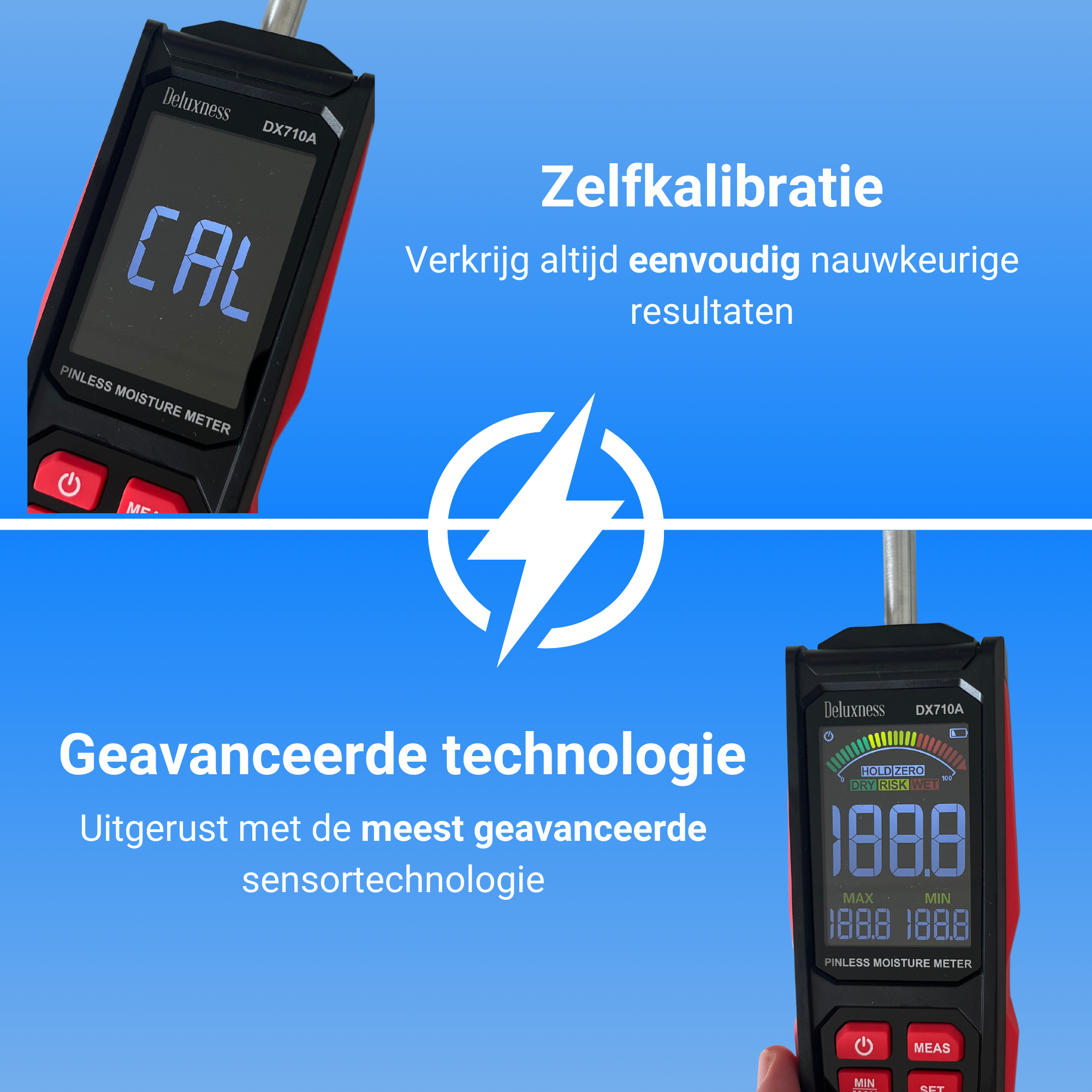 Deluxness® - Vochtmeter Muren - DX710A - Professionele Vochtmeter - Vochtmeter Hout - Hygrometer - Pleisterwerken - Uitgebreide Instellingen - Inclusief Opbergcase en Batterijen - Afbeelding 6