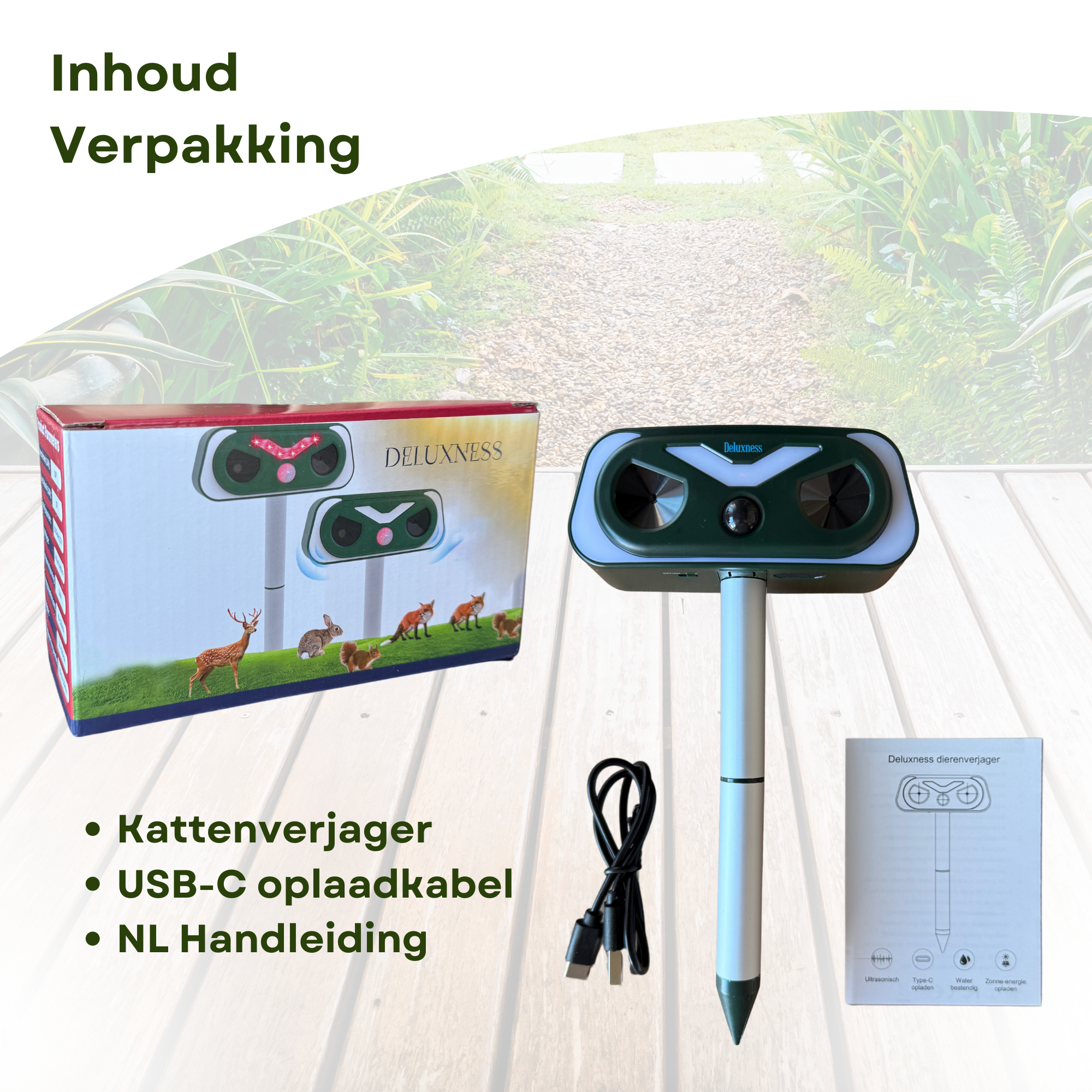 Deluxness® Kattenverjager - op Zonneenergie - Marterverjager - Dierenverjager - Kattenschrik - Ultrasone Kattenverjager - voor de Tuin - met Adapter – Diervriendelijk & Weerbestendig – Tot 10m Bereik – Buiten Gebruik - Afbeelding 7