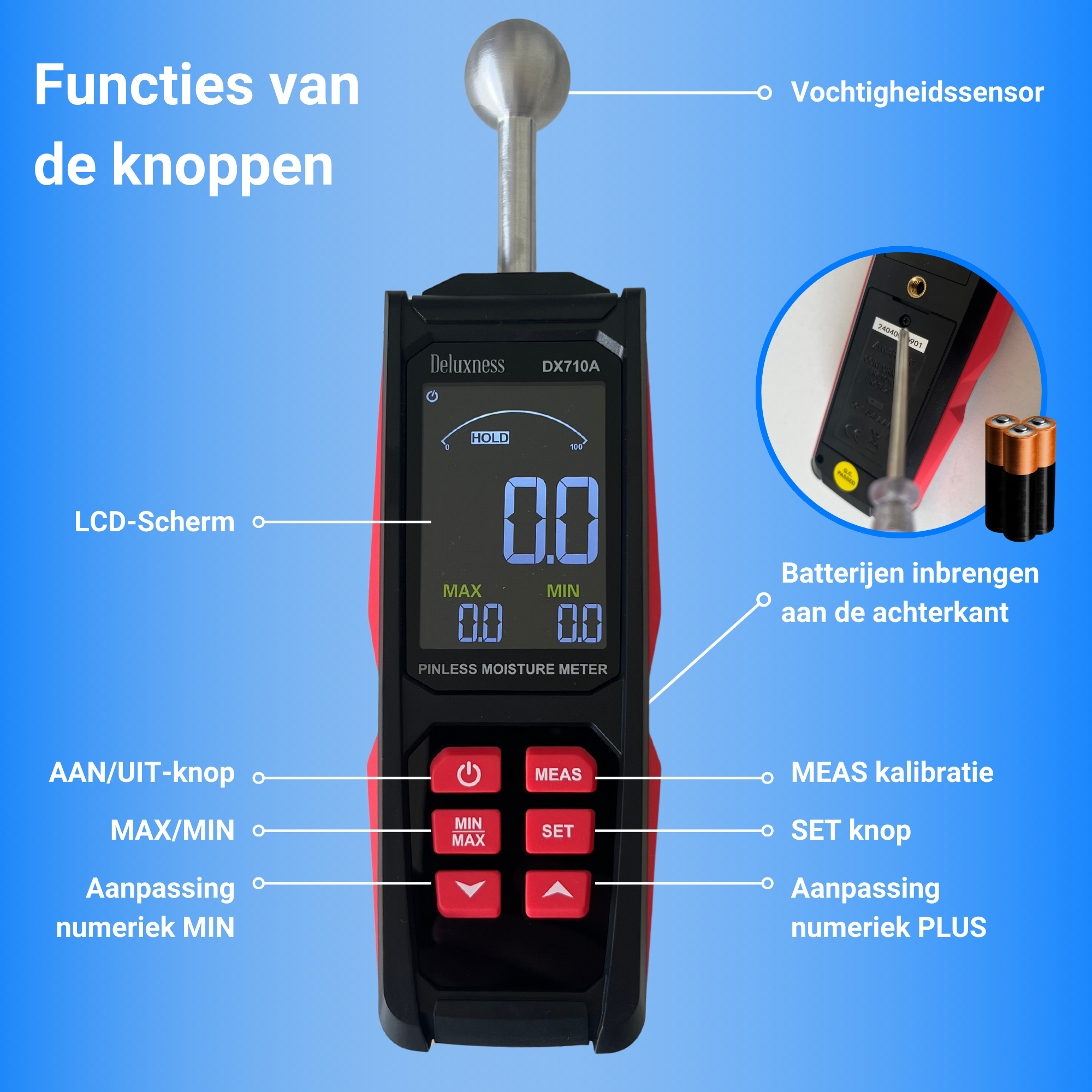 Deluxness® - Vochtmeter Muren - DX710A - Professionele Vochtmeter - Vochtmeter Hout - Hygrometer - Pleisterwerken - Uitgebreide Instellingen - Inclusief Opbergcase en Batterijen - Afbeelding 7