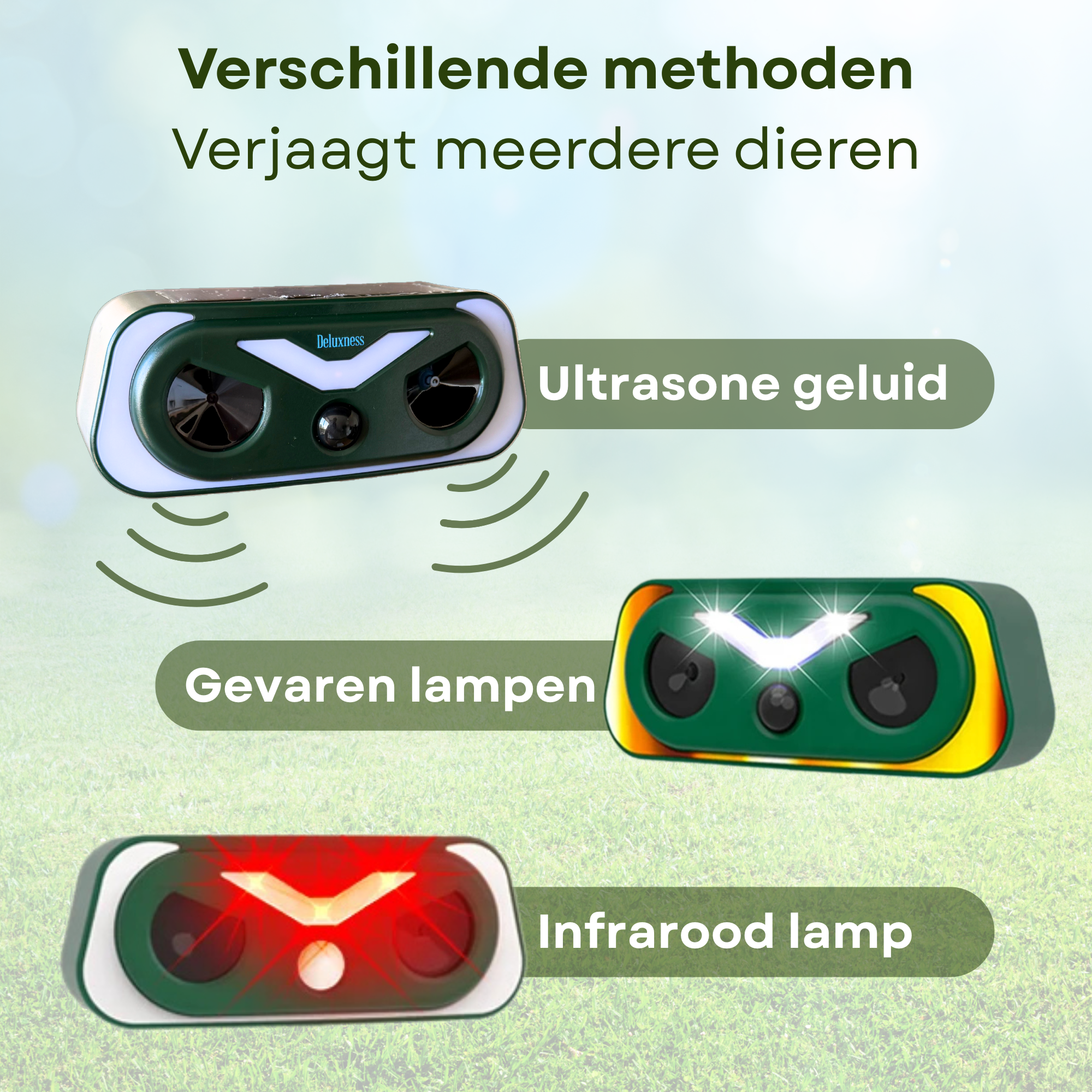 Deluxness® Kattenverjager - op Zonneenergie - Marterverjager - Dierenverjager - Kattenschrik - Ultrasone Kattenverjager - voor de Tuin - met Adapter – Diervriendelijk & Weerbestendig – Tot 10m Bereik – Buiten Gebruik - Afbeelding 8
