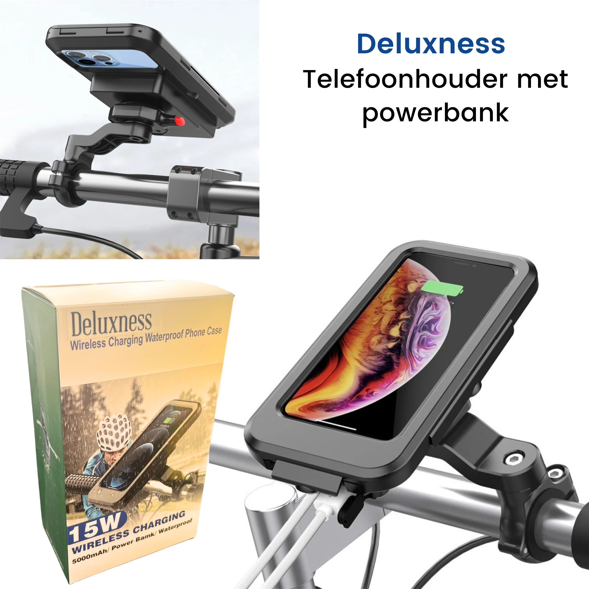 Deluxness® Telefoonhouder Fiets / Motor Waterdicht - Gsm Houder Fiets - Accessoires - Fiets Telefoonhouder - Fietshouder - Ook voor scooter & motor - 5.000 mAh Powerbank - Afbeelding 9