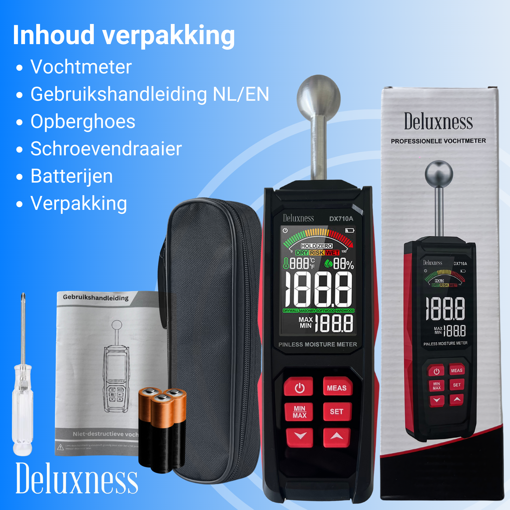 Deluxness® - Vochtmeter Muren - DX710A - Professionele Vochtmeter - Vochtmeter Hout - Hygrometer - Pleisterwerken - Uitgebreide Instellingen - Inclusief Opbergcase en Batterijen - Afbeelding 9