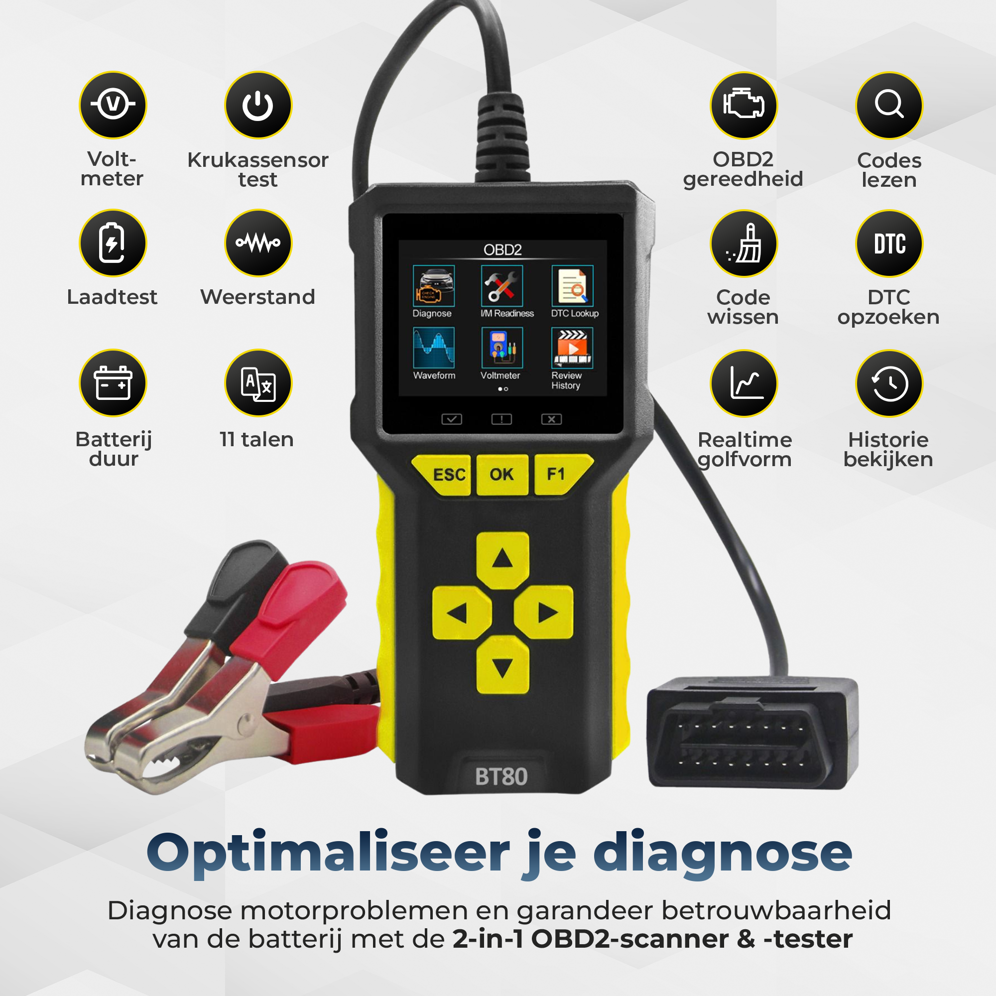 Deluxness®- OBD2 Scanner en Batterijtester – Jumpstarter voor Auto - Diagnosecomputer – Auto Uitlezen – Storing Verwijderen – Accutester 12V - Nederlandse Taal - Motorstoring - Diagnose apparatuur voor auto's - Afbeelding 3