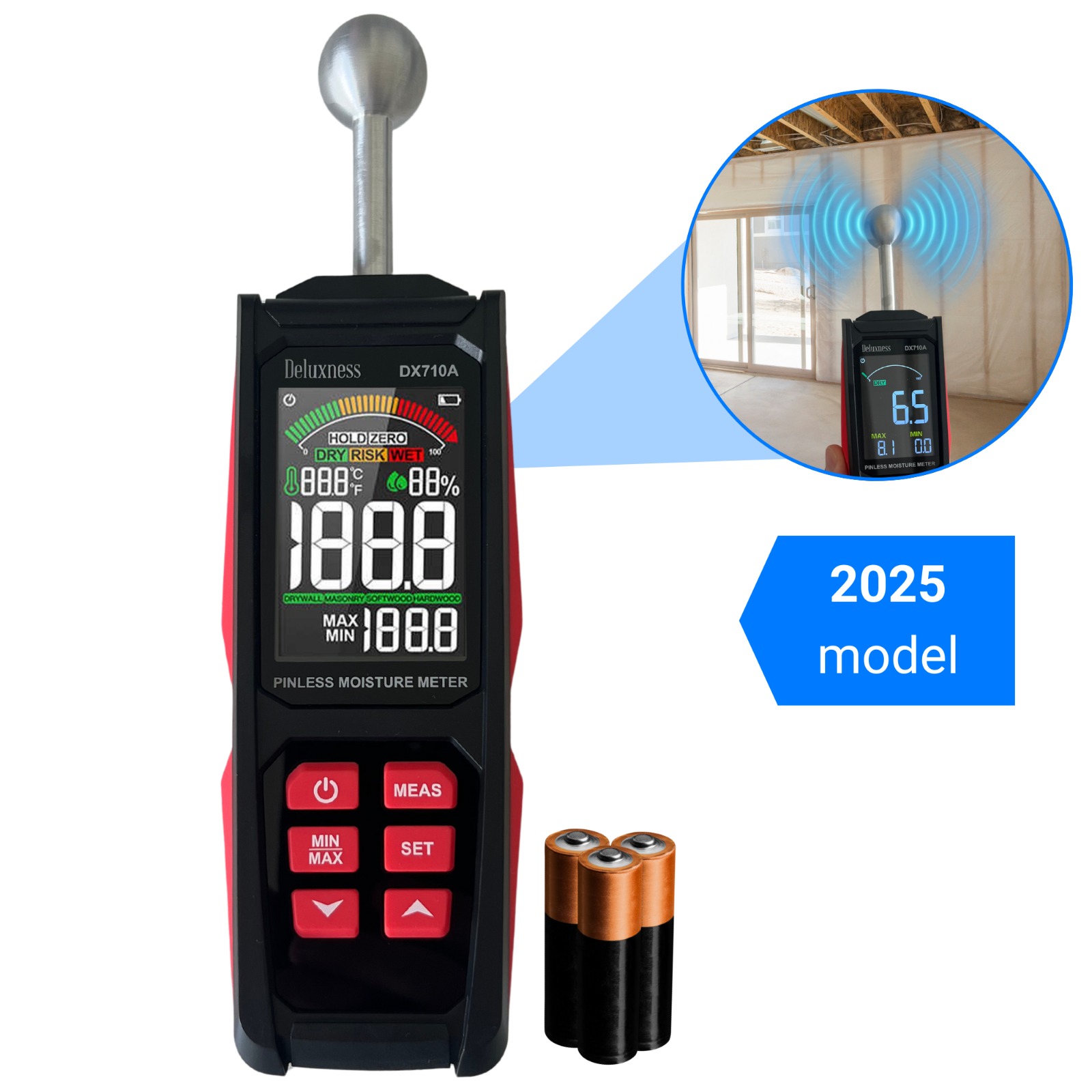 Deluxness® - Vochtmeter Muren - DX710A - Professionele Vochtmeter - Vochtmeter Hout - Hygrometer - Pleisterwerken - Uitgebreide Instellingen - Inclusief Opbergcase en Batterijen